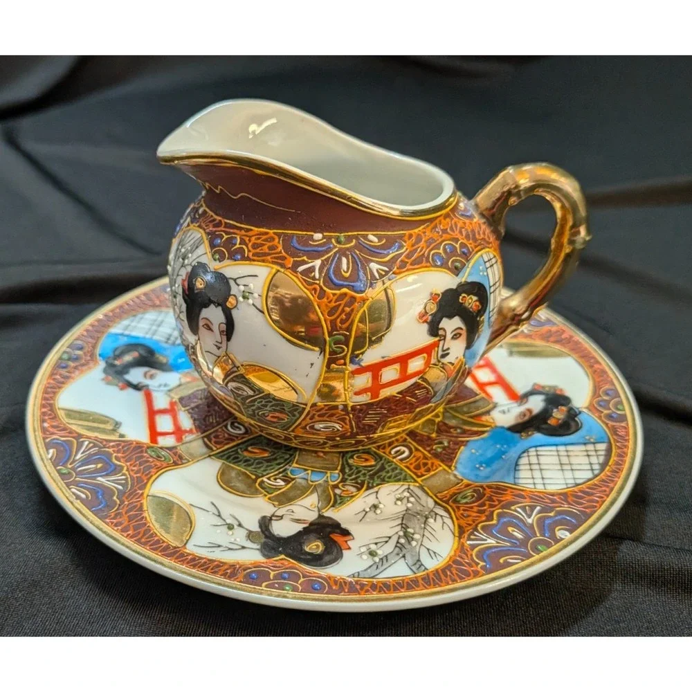 Vintage COOP Japan Moriage Creamer & Plate – Geisha Design – Gold Accents